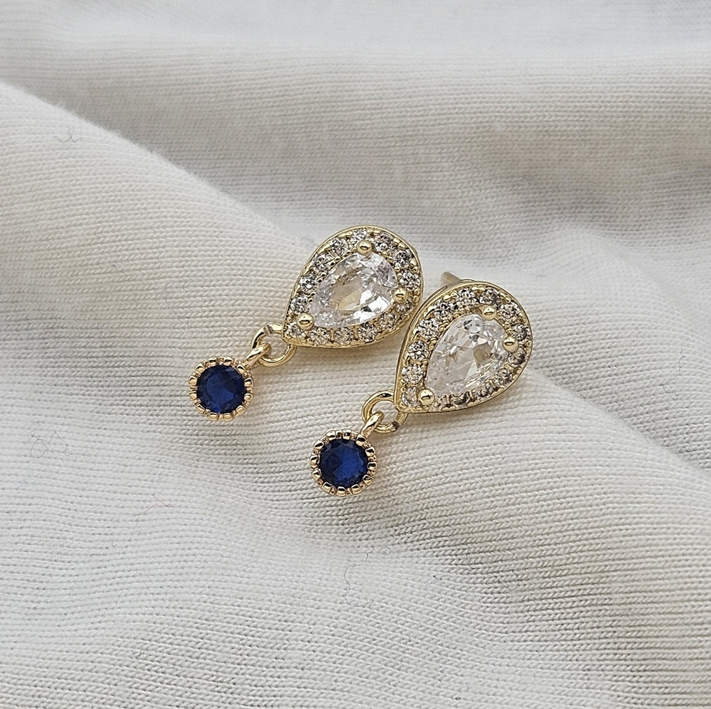 Gold and Blue Cubic Zicronia Drop Earrings